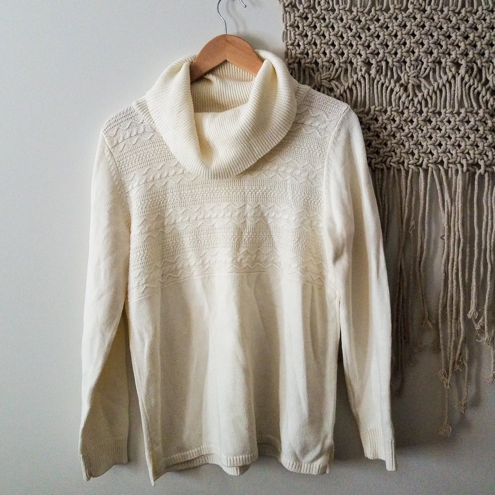 COPY - Karen Scott White Cowl Neck Cable Sweater